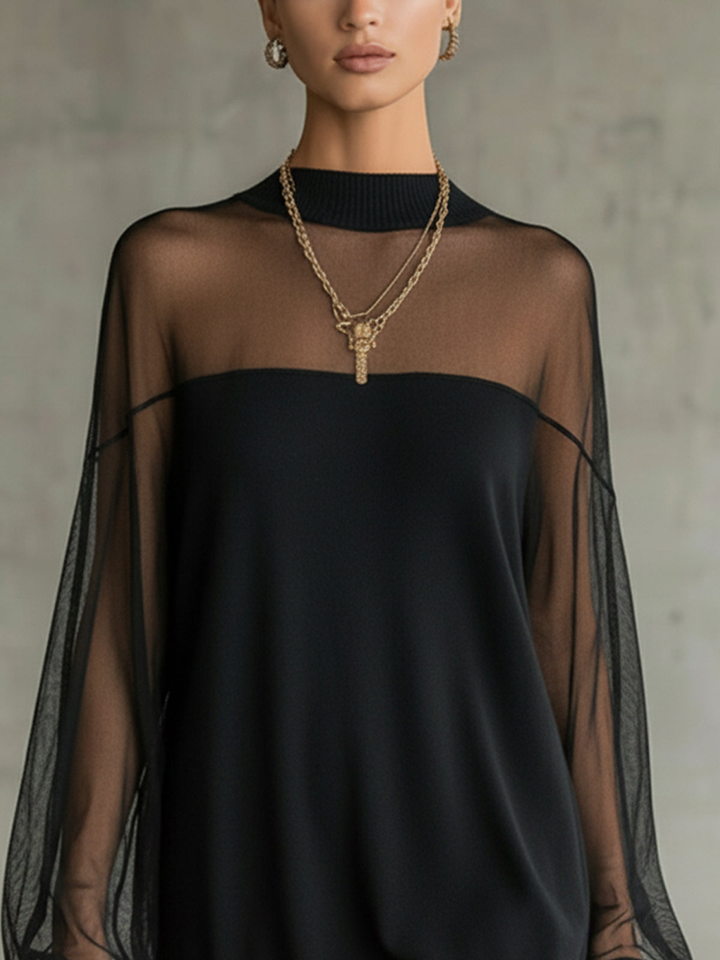 Amélie™ | Elegant sort minikjole med meshærmer