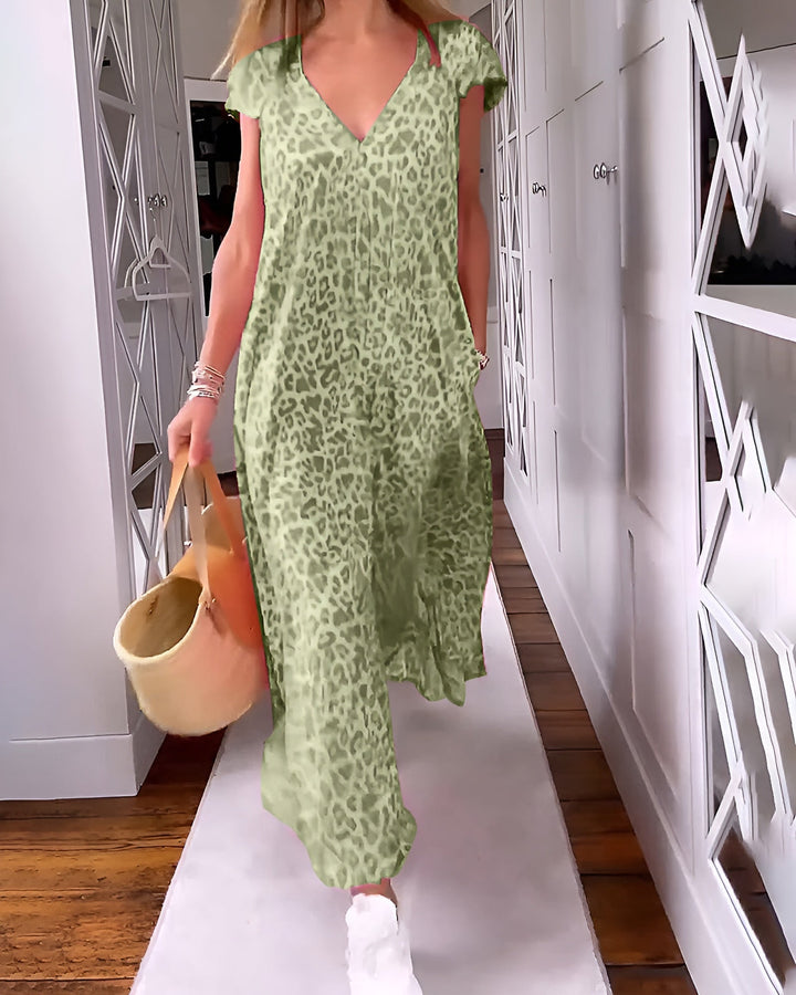 Junelle™ | Lang kjole med V-hals og korte ærmer, print